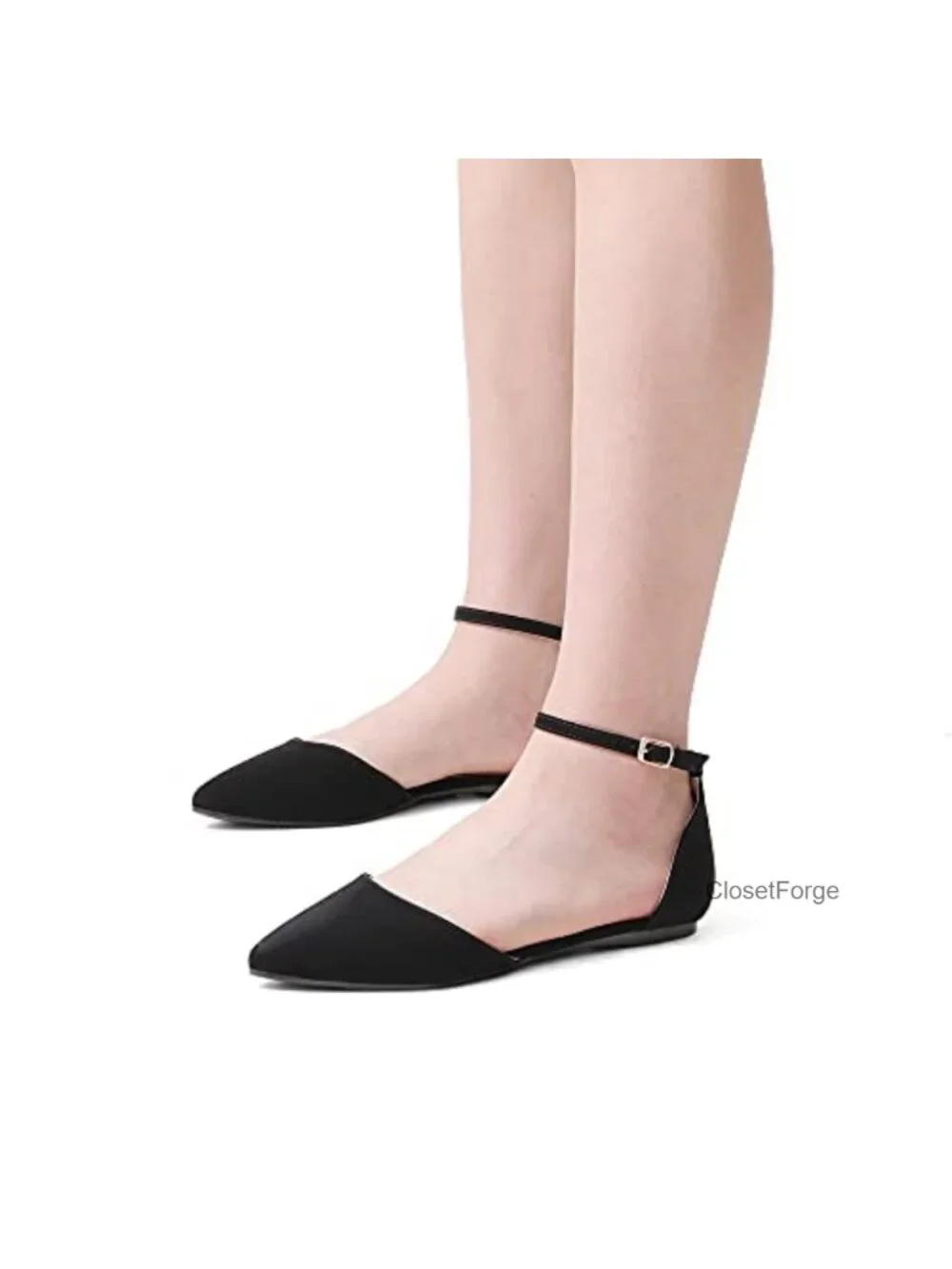 Women's Pointed Toe Ballet Flats with Ankle Strap - Lightweight Faux Suede